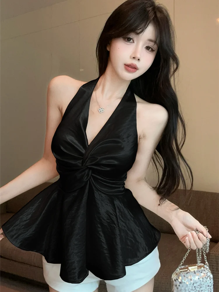BXOXO Sexy Halter Satin Tanks Women Slim Backless Fashion Hotsweet Camis Tanks Chic Design Elegant Female Summer Casual Tanks Top