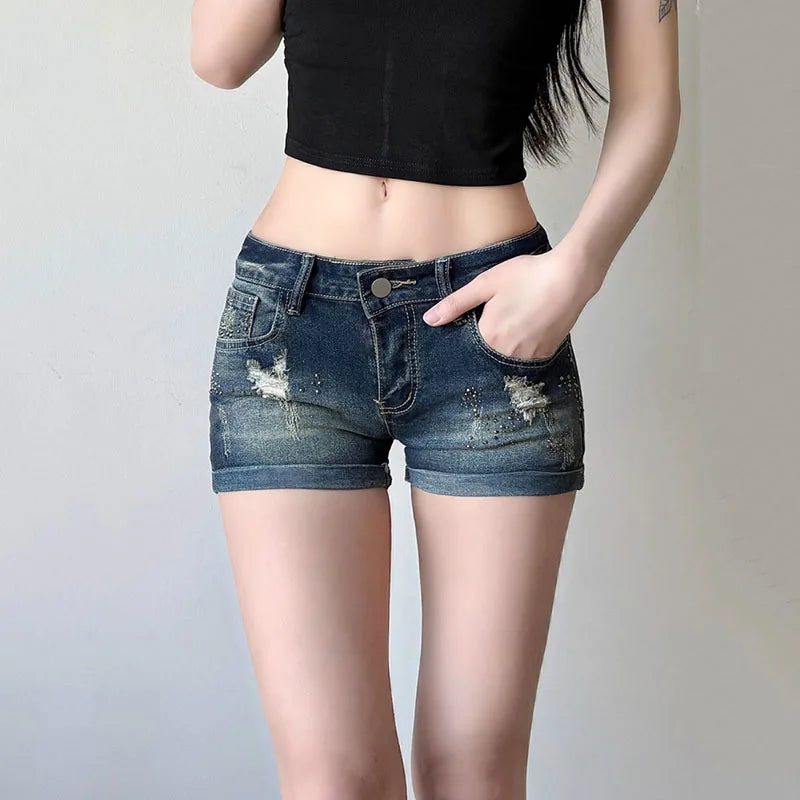 Bxoxo Summer Women Hole Denim Shorts Y2K Sexy Low Waist Slim Hot Rhinestones Short Jeans Women Retro Streetwear Roll Up Hem Shorts