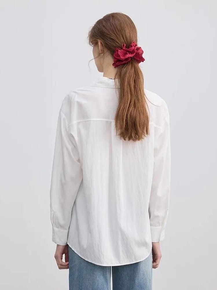 Bxoxo Lace Patchwork White Shirt Women Elegant Long Sleeve Vintage Blouse American Casual Autumn Female Sweet Pocket Retro Tops