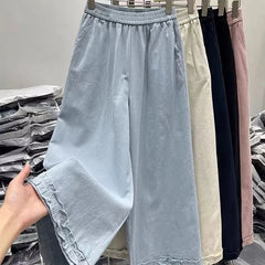 Bxoxo Korean Chic Ruffle Patchwork Ankle Length Pants Women Summer High Waist Loose Wide Leg Pants Elastic Waist Baggy Casual Trousers