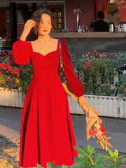 Bxoxo Elegant Velvet Midi Dress Women Vintage Korean Slim V Neck A Line Fairy Dress Female Autumn Long Sleeve All-Match Party Vestidos