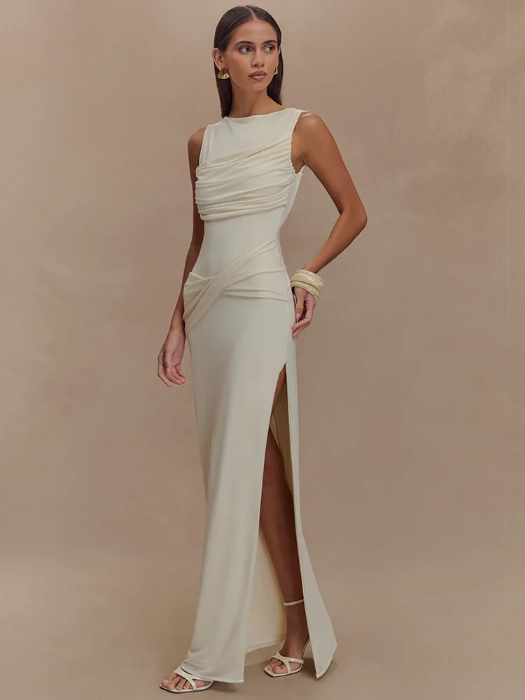BXOXO Backless Ruched Sexy Maxi Dress For Women Gown O Neck Sleeveless Thigh High Split Bodycon Elegant Long Dress Vestido