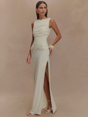 BXOXO Backless Ruched Sexy Maxi Dress For Women Gown O Neck Sleeveless Thigh High Split Bodycon Elegant Long Dress Vestido