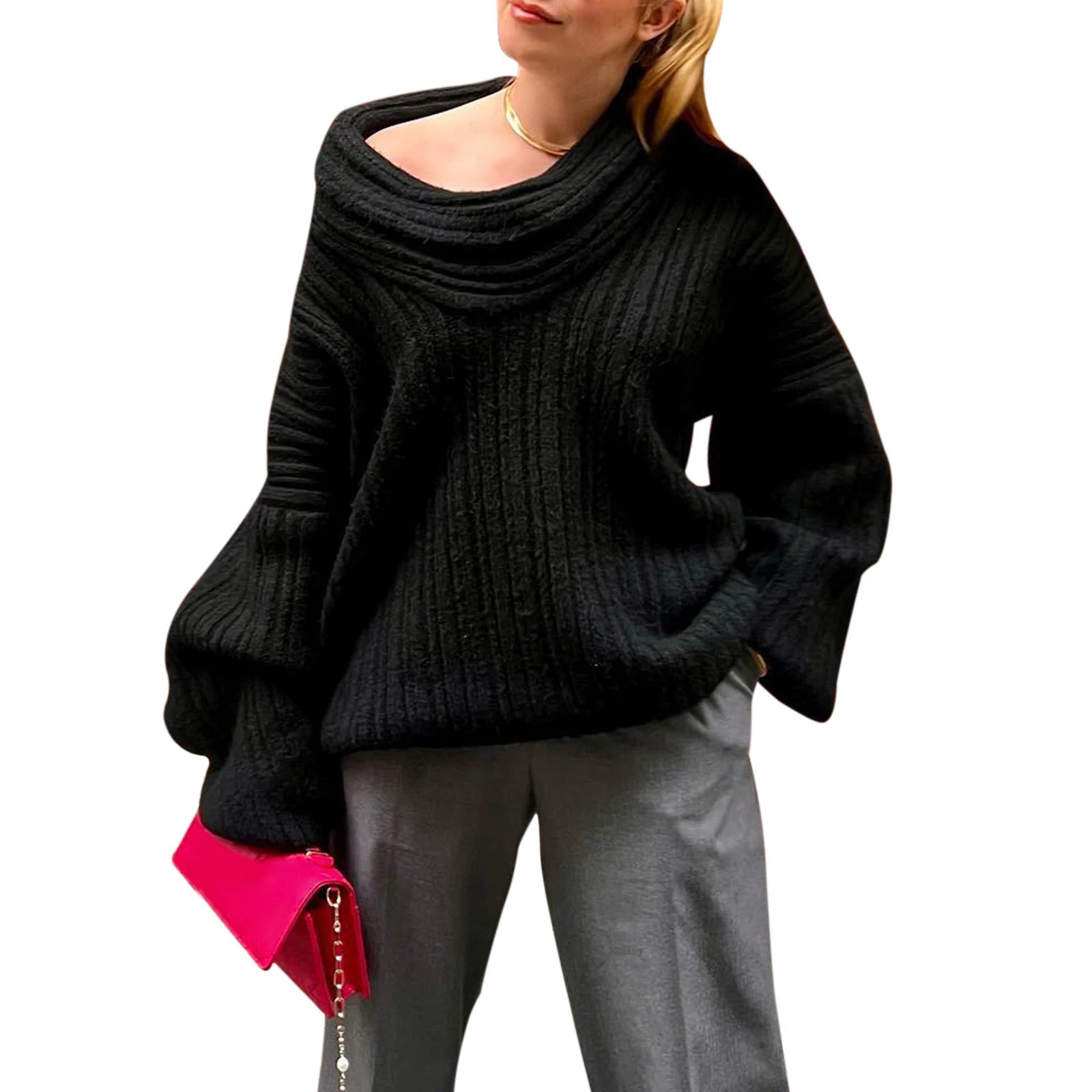 Bxoxo Women y2k Loose Knit Sweater Solid Color Long Sleeve Boat Neck Off Shoulder Pullovers Fall Winter Casual Jumpers Streetwear