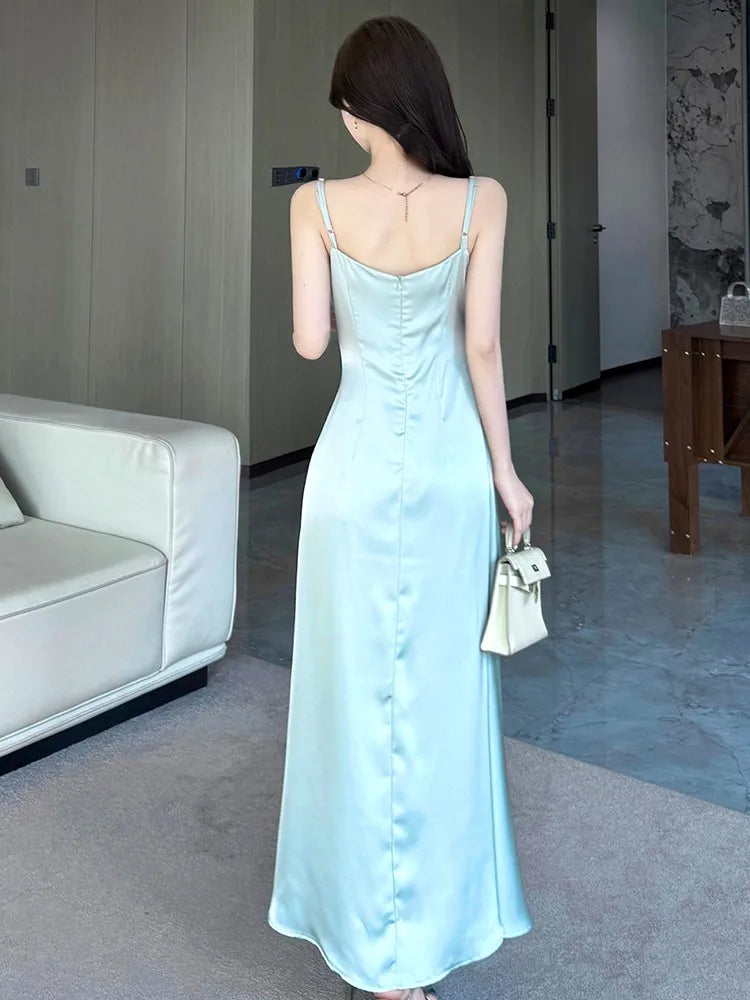 Bxoxo Party Chic Elegant Satin Split Sling Dresses For Woman Ruffles High Waist Folds Long Dress Prom Female Clothes 2025 New Robe