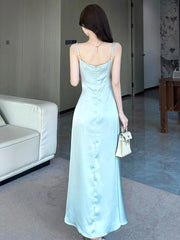 Bxoxo Party Chic Elegant Satin Split Sling Dresses For Woman Ruffles High Waist Folds Long Dress Prom Female Clothes 2025 New Robe