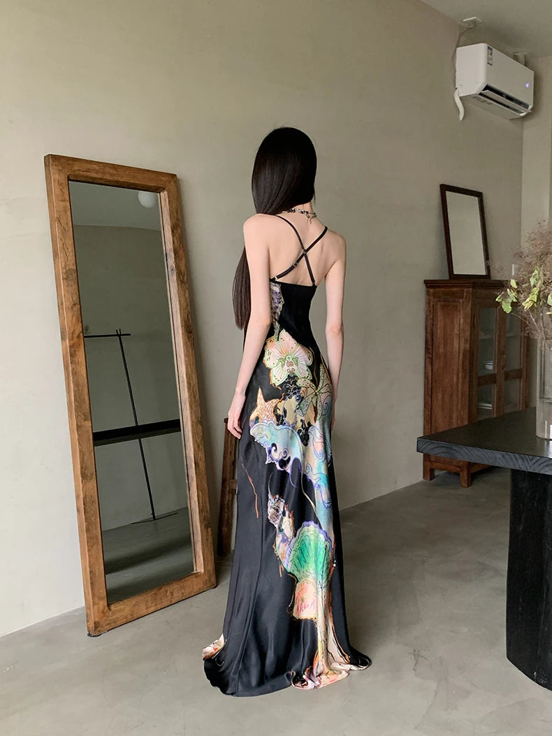 Bxoxo Ocean Flowers Backless Long Mermaid Dress For Woman Summer 2025 V Neck Midi Slip Dress Evening Party Clothes