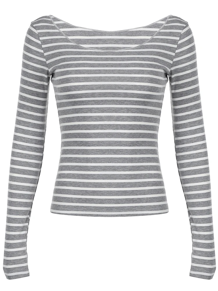 Bxoxo Japanese Basic Slim Long Sleeve Stripe Tee Off Shoulder O Neck Korean Street Style Spring Autumn Y2K Gray T Shirt Women