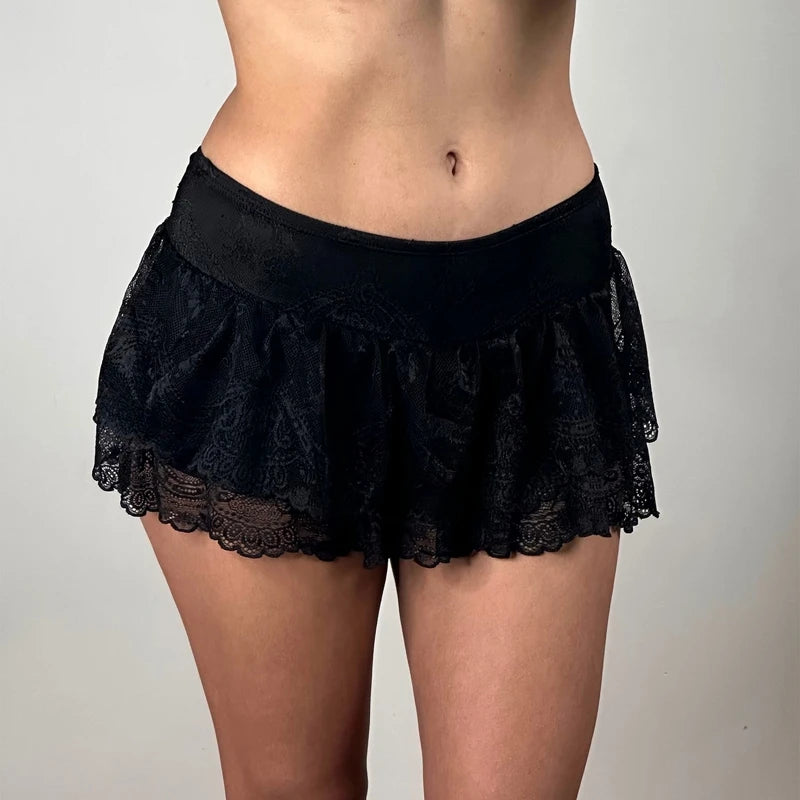 Bxoxo Y2k Music Club Party Booty Short Skirt Cute Lace Layered A-line Skirt Fairy Coquette Clothes Women Low Waist Mini Ruffle Skirt