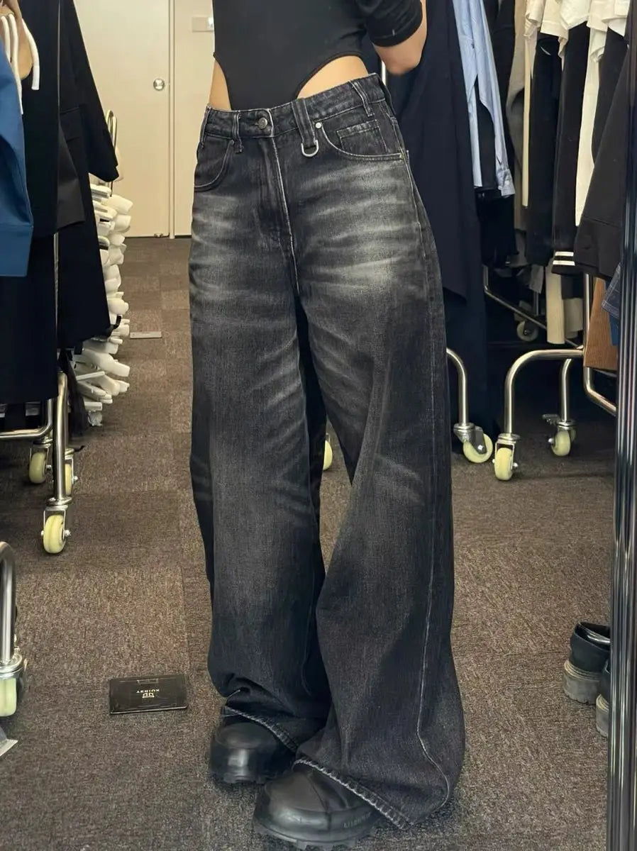 Bxoxo Black Vintage Washed Wide Leg Women's Jeans Y2k Overzised Korean Fashion Denim Pants Baggy Hip Hop Streetwear Gyaru