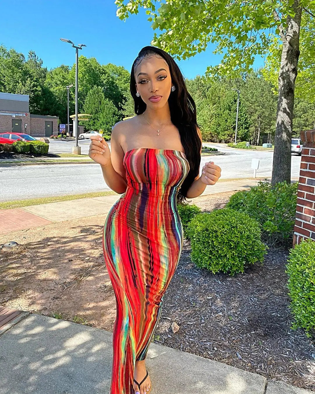 BXOXO Spring/Summer Women's Colorful Tie Dye Print Off Shoulder Wrapped Chest Dress