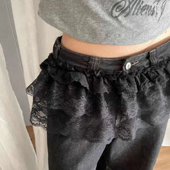 Bxoxo Korean Style Lace Mini Skirts Women Elegant Sweet Lolita Short Skirts Y2K High Waist Streetwear Solid Lace Up Ruffle Skirts