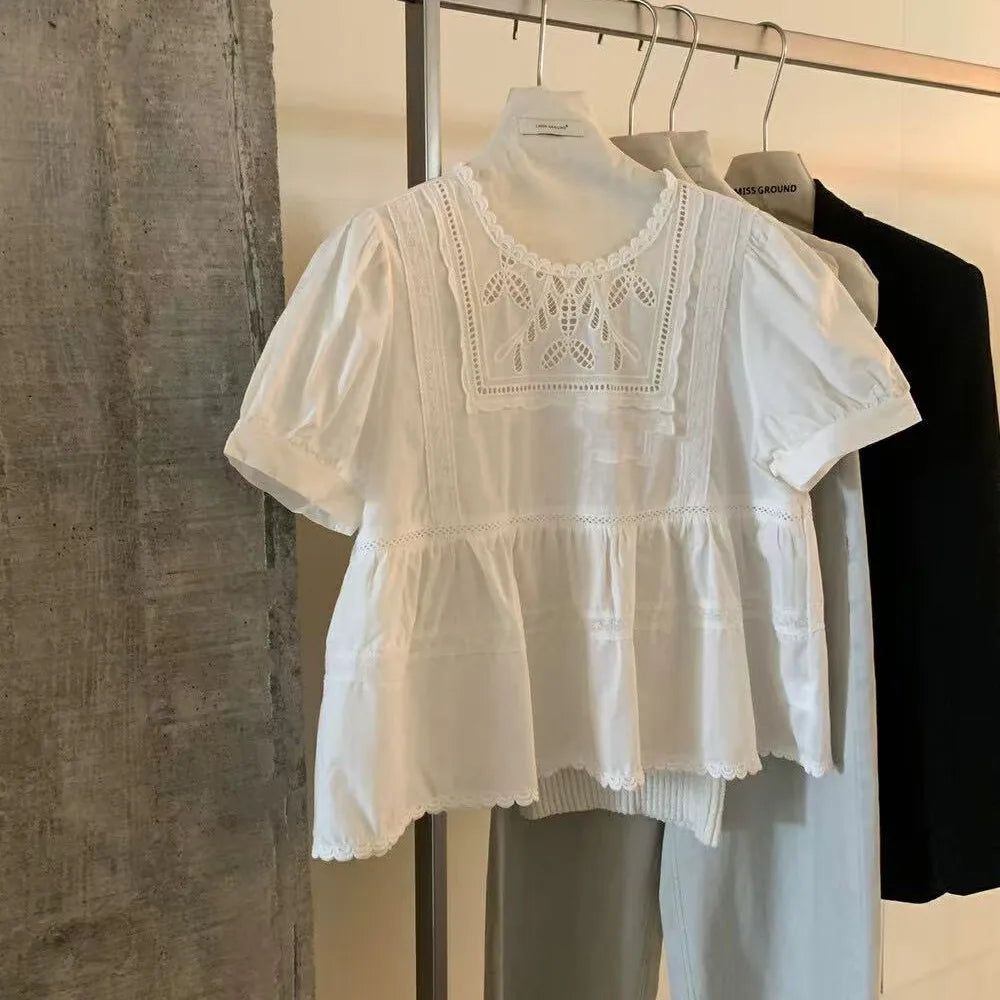 Bxoxo Sweet Korean Sle Lace irt Women's Faion Slimming Loose Bubble Sve Hollow out d Top Commute Sle round Ne or...