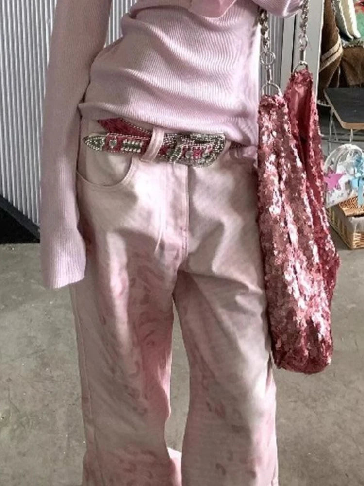 Bxoxo Pink Vintage Leopard Women Jeans Wide Leg American Retro Denim Pants Baggy High Waist Animal Print Trousers Gyaru New