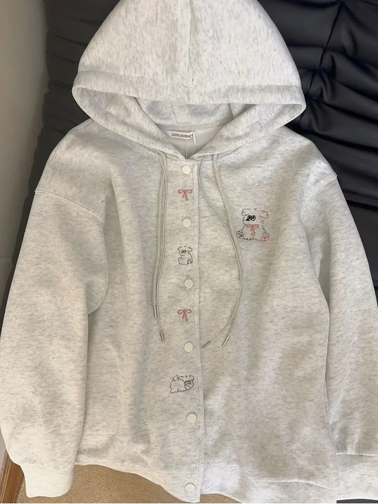 Bxoxo Cartoon Embroidery Cute Hoodies Women Vintage Oversize Loose Long Sleeve Sweatshirts Preppy Style Kawaii Japan Lady Outwear Tops