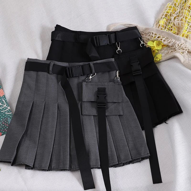 Bxoxo Harajuku Belt Pleated Cargo Skirt Women Fashion Gothic High Waist Pocket Mini Skirts Fashion Summer Lady A Line Black Skirt