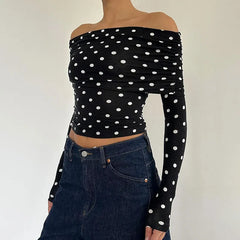 Bxoxo Vintage Elegant Off-shoulder T-shirt Women Casual Full Sleeve Skinny Shirt for Summer Streetwear Basic Tees y2k Aesthetic