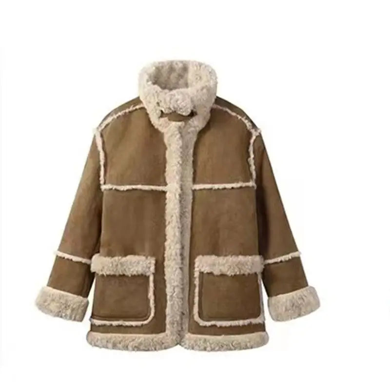 BXOXO Winter Warm Overcoats Women Outwear Casual Y2k Office Lady Vintage Faux Fur Wool Coat Ladies Korean Fashion Khaki Jackets Chic