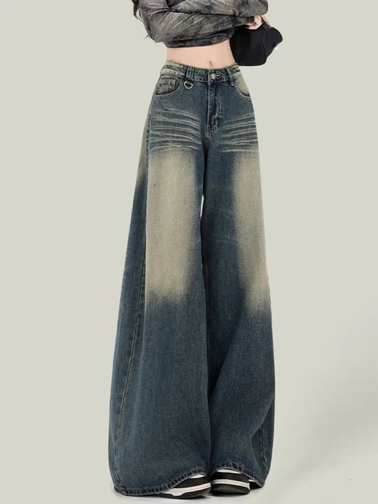 Bxoxo Women Streetwear Retro Jeans Loose High Waist Y2K Denim Pants Casual American Harajuku Fall Female Pockets Wide Leg Trousers New