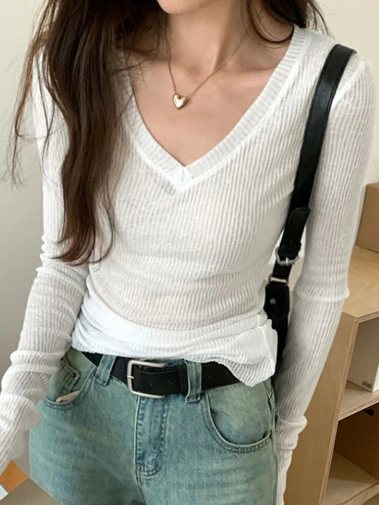 Bxoxo Women Long Sleeve T Shirt Thin Perspective Summer Solid Slim Casual Shirts Female Pullovers Basic Tee Y2k Clothes Streetwear Top