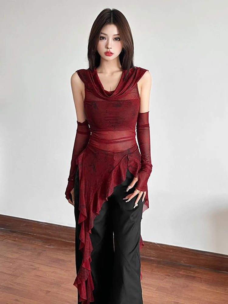 BXOXO Vintage Gothic Hooded T Shirts Women Sexy See Through Slim Y2K Tees Streetwear Harajuku with Sleeves Female Irregular Tops