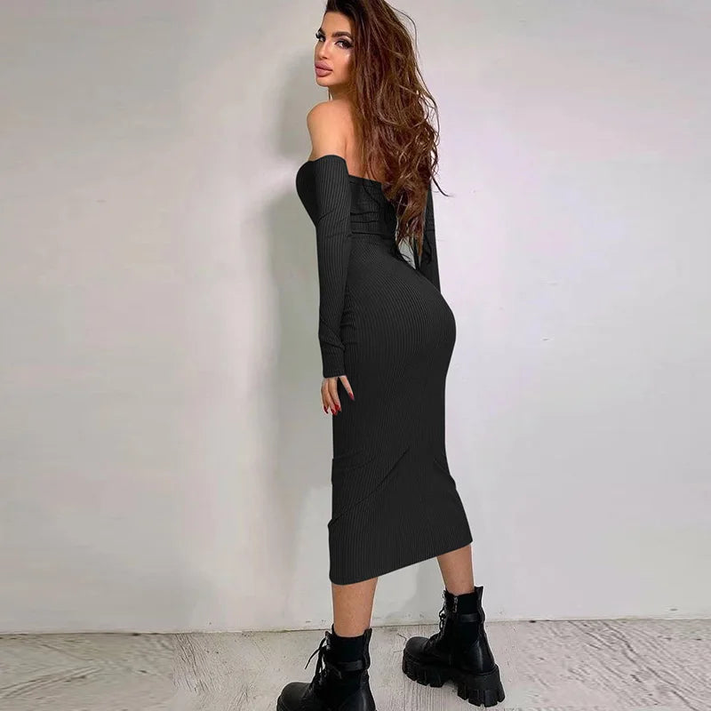 BXOXO New Women's Clothing Temperament Long Skirt Fashionable Sexy Slim Fit Strapless Long Sleeved Dress For Women