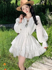 Bxoxo Woman Vintage Korean Short Dress Ruffles Asymmetrical Slim Waist White Long Sleeves Vestidos 2025 New Holiday Casual Dresses