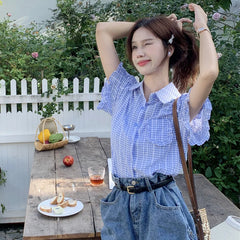 Bxoxo Korean Ruffles Short Sleeve Plaid Shirt Women Preppy Sweet Turn Down Collar Blouse female Summer chic Pocket Button blouse