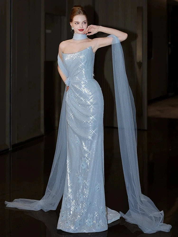 Bxoxo Blue Senior Evening Dress Shiny Sequins Off The Shoulder Sleeveless Mermaid Slim Trailing Backless Party Prom Celebrity Gown
