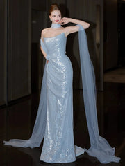 Bxoxo Blue Senior Evening Dress Shiny Sequins Off The Shoulder Sleeveless Mermaid Slim Trailing Backless Party Prom Celebrity Gown