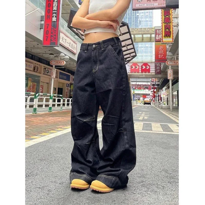 Bxoxo Grunge Black Jeans Women Y2k Vintage Oversized High Street Wide Cargo Denim Trousers Casual Baggy Straight Denim Pants
