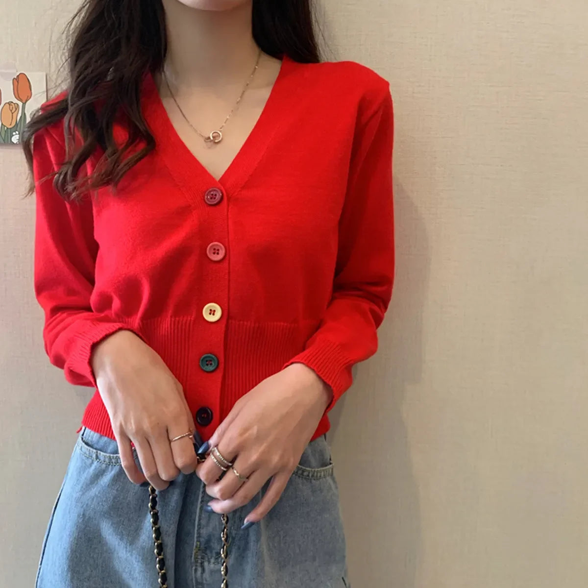 Bxoxo Autumn and Winter Little Fresh Colorful Buttons Younger Slim-Fit Slimming V-Collar Cardigan Long-Sleeved Sweater Top for Women