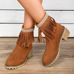 BXOXO Womens Fashion Embroidered Ankle Boots Comfort Thick Wedge Heel Zipper Tassel Faux Suede Short Boots Cowboy Cowgirl Shoes 2024
