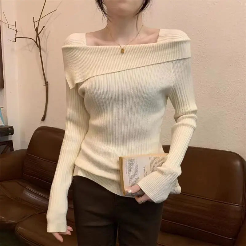Bxoxo Women Off Shoulder Knit Sweater Slash Neck Long Sleeve Slim Knitwear Jumpers Office Sweater For Women 2024 Autumn Winter