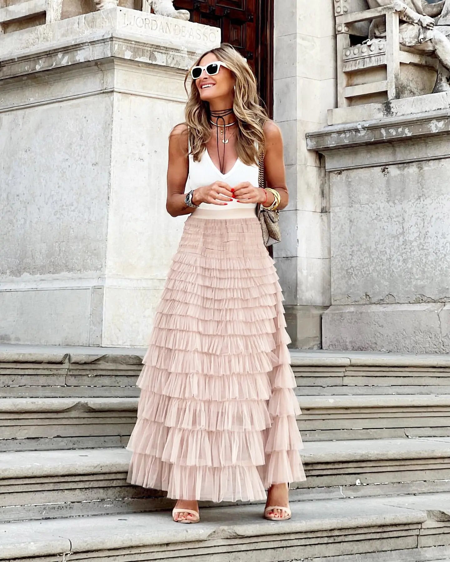 Bxoxo Casual Womens Solid Ball Gown Long Skirt Tulle High Waist Pleated Tutu Skirt Elegant Ladies Wild Mesh Dating Maxi Skirts Drop