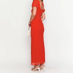 BXOXO Women Summer Slim Long Dress Fashion Red Short Sleeve Deep V Neck Dot Print Party Dresses Holiday Beachwear
