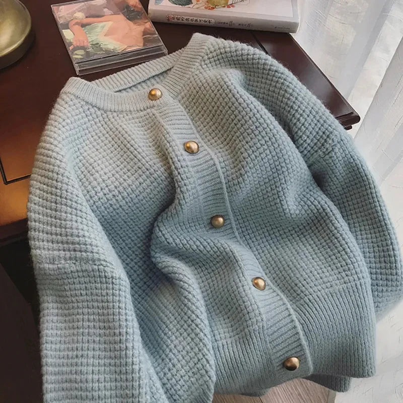 Bxoxo Long Sleeve Knit Cardigan for Women Korean Loose O Neck Single Breasted Casual Sweaters Y2K Sweet Soft Preppy Solid Jumper New