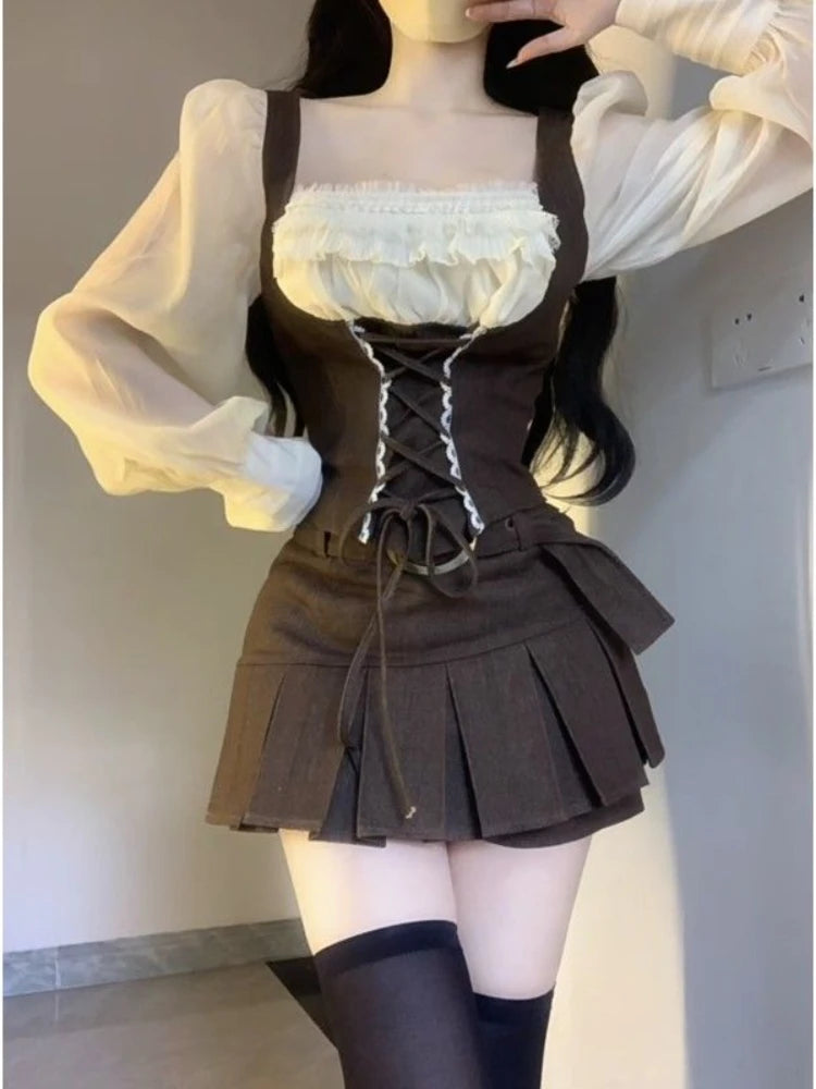 Bxoxo Autumn Korean Fashion Suit Woman Vintage Kawaii 2 Piece Skirt Set Casual Slim Blouse + Party Y2k Mini Skirt Elegant Chic