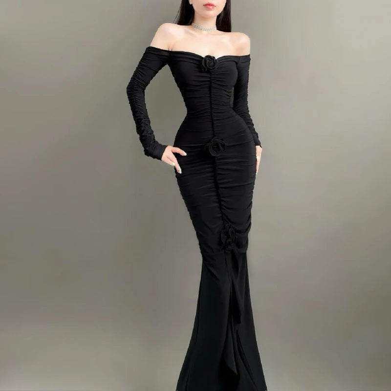 BXOXO Elegant Fashion Off Shoulder Dark Flower Ruffles Long Dress Gothic Slash Neck Long Sleeve Maxi Dresses For Women 2024