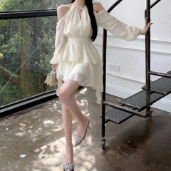 Bxoxo Elegant Chiffon Dresses for Women Fairycore Casual White Dress Sweet Korean Fashion Off Shoulder Summer Mini Dress Slim