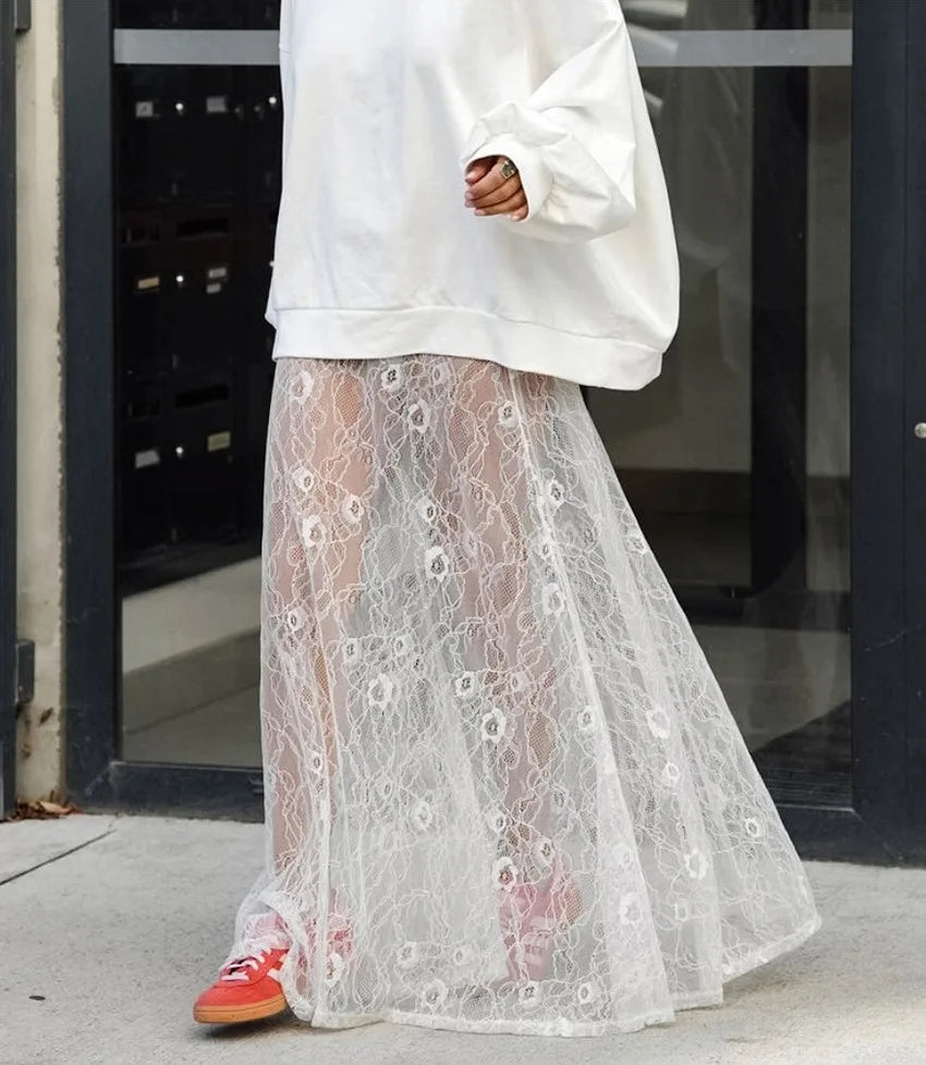 Bxoxo New Jacquard Lace Sheer Long Skirt Women Elastic Waist White Sexy Transparent Maxi Skirts Female Streetwear Fashion Faldas Jupe