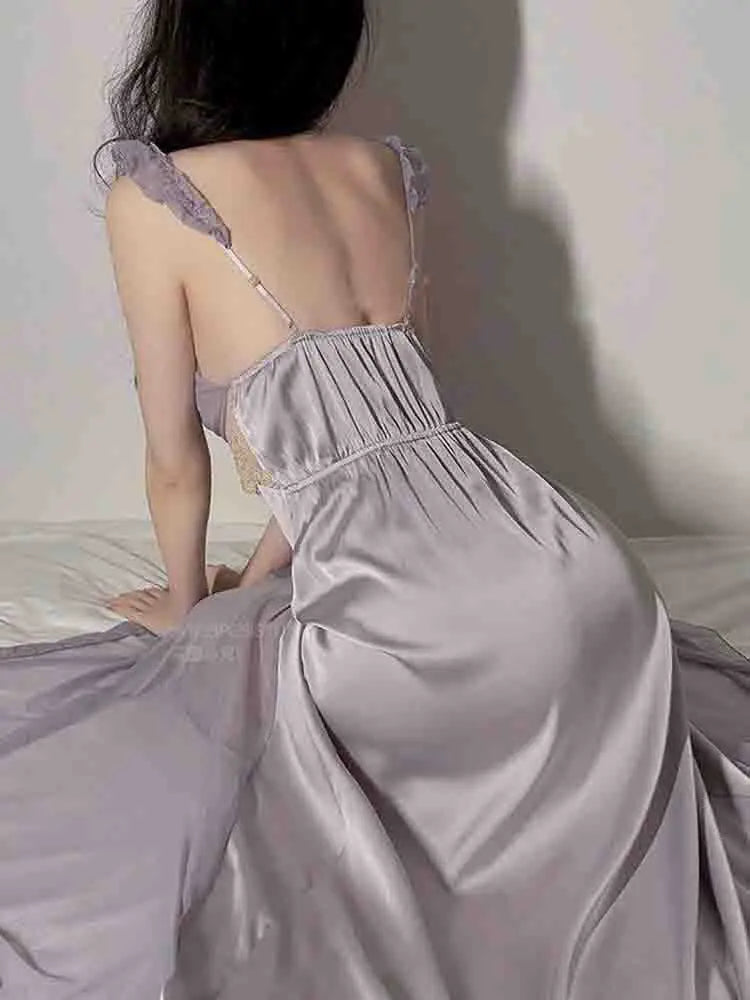 BXOXO Spring Sexy Silk Strap Dress Women French Elegant Party Fairy Dress Backless Lace Long Dresses Women Court Vintage Korean