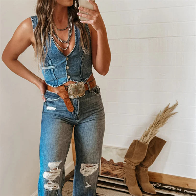 Bxoxo Denim Tank Tops for Women Summer Solid Color V Neck Single Breasted Sleeveless Jeans Vest y2k Waistcoat Streetwear