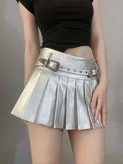 Bxoxo PU leather Pleated skirts Women Y2K High Waist With belt casual A line Punk skirts Fashion Hot Girls Night Party mini skirts