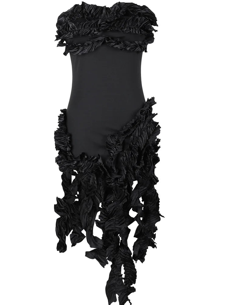 BXOXO  Women Summer Strapless Ruffles Tassel Dress Girls Glamour Red Flower Irregular Party Dress Celebrities Outfits Clubwear