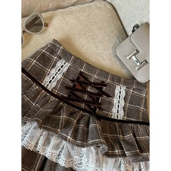 BXOXO Kawaii Ruffle Lace Plaid Skirts Women Sweet Elegant Mini Skirt Cutecore Autumn Winter Patchwork A-line Short Skirts