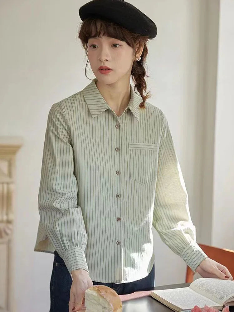 Bxoxo Preppy Style Retro Striped Shirt Women Long Sleeve Elegant Sweet Blouse Japan Casual Pocket Fall Female Simple Vintage Tops New