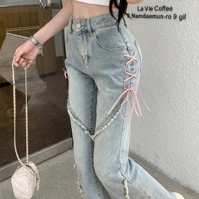 BXOXO American Split Jeans Women Pink Bandage High Waist Irregular Spliced Denim Pants Zipper Fly Trousers Y2k Pantalon Femme