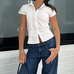 BXOXO Solid Folds Blouse for Women Casual Short Sleeve Button-up Crop Tops Y2k Streetwear Shirts Korean Fashion Summer T-shirt