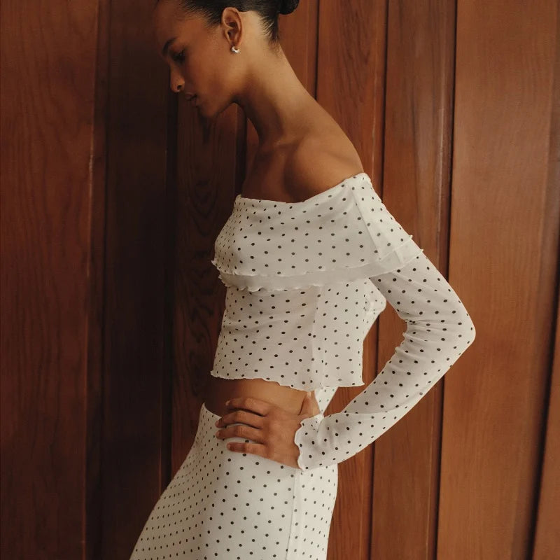 Bxoxo Polka Dot Lace Long Sleeve Off Shoulder Crop Tops + Elegant Bodycon Long Dress Fall Fashion Vacation Beach 2 Piece Set
